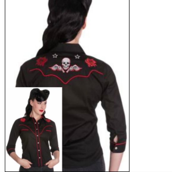 Hell Bunny Tops - Hell Bunny Rockabilly Skull Embroidered Western Black Pearl Snap Shirt
